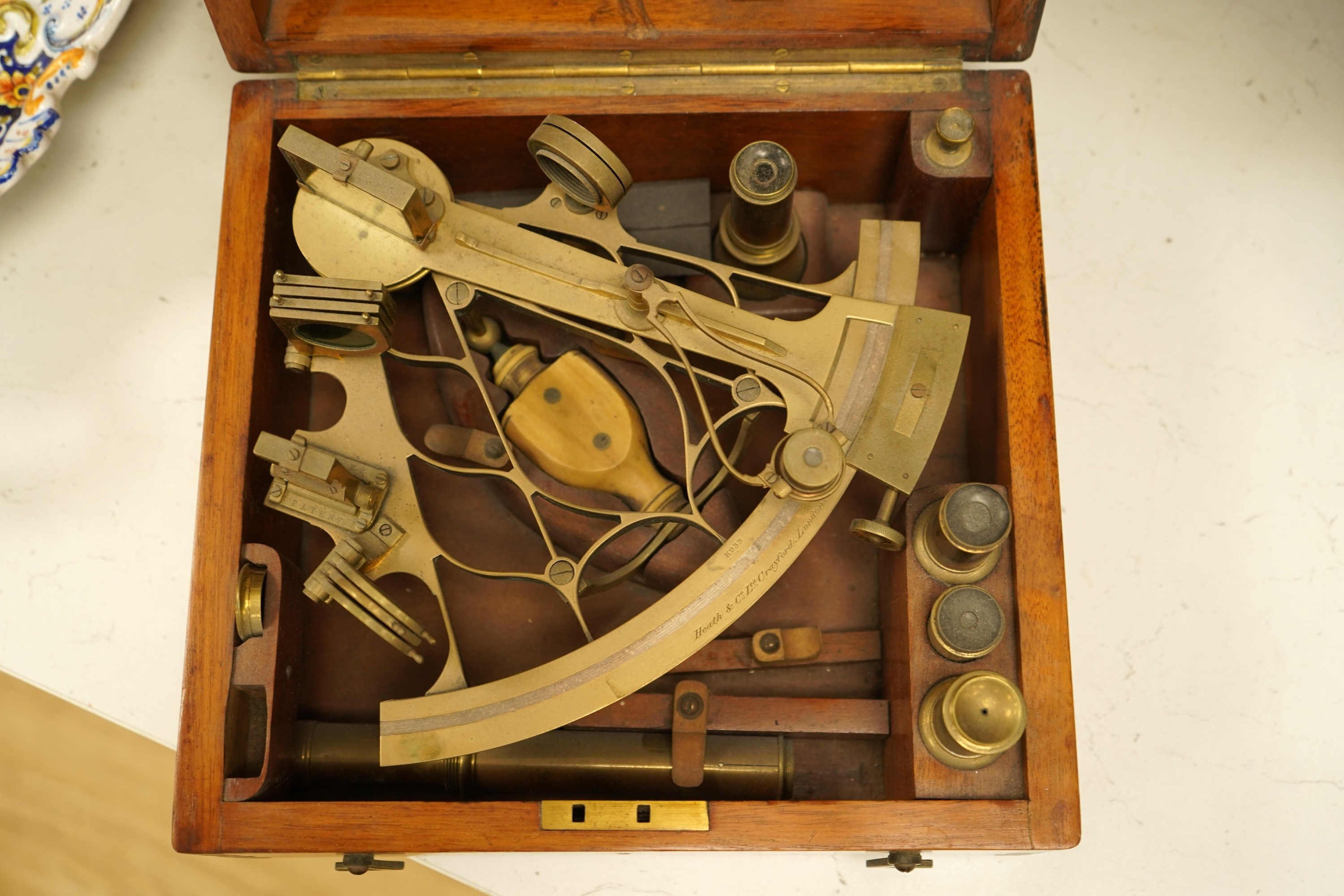 A G.W. Heath 'Hezzanith' sextant, cased, with certificate of observation to the interior, 27cm wide